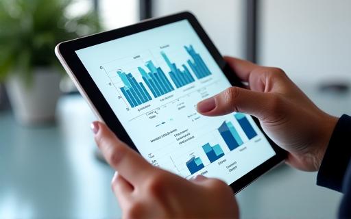 Grafici e dati su uno schermo di un tablet.