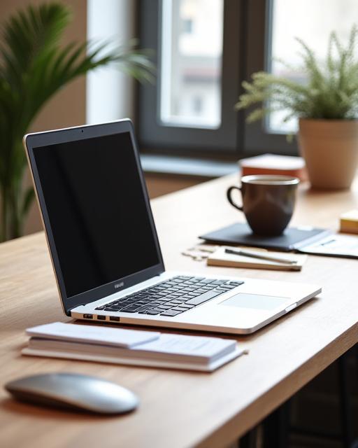 Una scrivania di design con un laptop, quaderni e una tazza di caffè, che rappresenta il lavoro creativo.